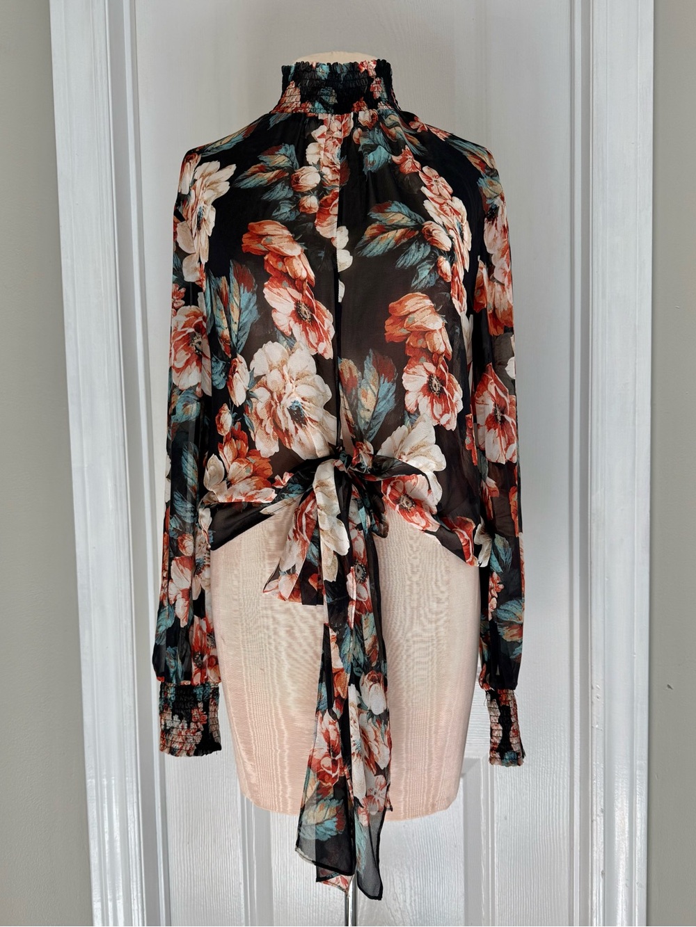 NICHOLAS Australia 100% SILK Black Floral Tie-Front High Neck Blouse